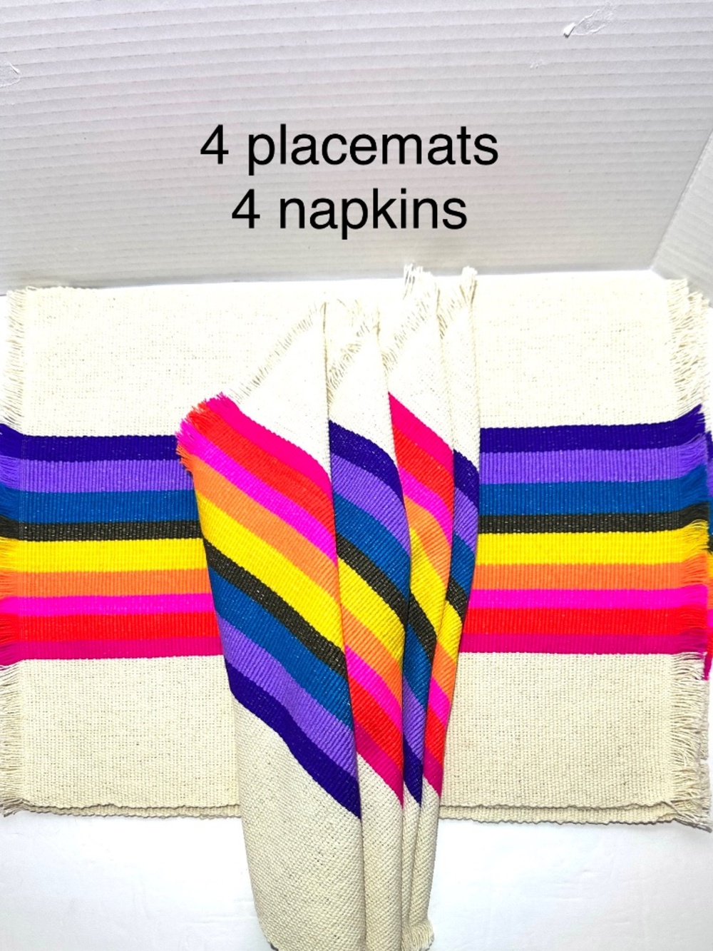 Set of Four Placemats & Napkins Mexican Fiesta Serape Rainbow Stripe Cotton